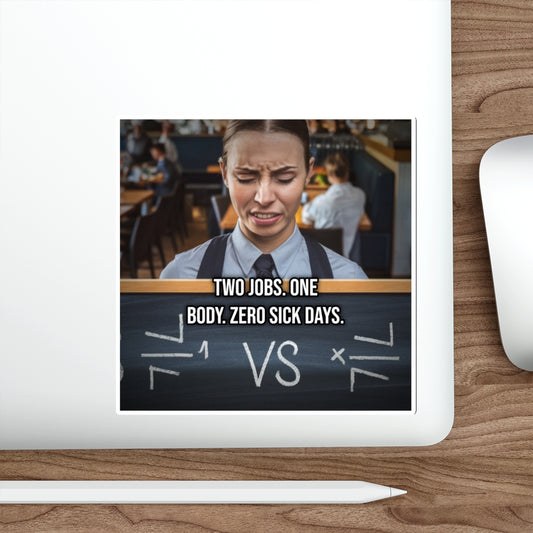 Two Jobs. One Body. Zero Sick Days. (Laptop Sticker) — Political Satire Bumper Sticker