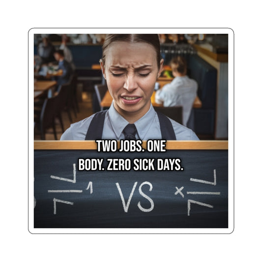 Two Jobs. One Body. Zero Sick Days. (Laptop Sticker) — Political Satire Bumper Sticker